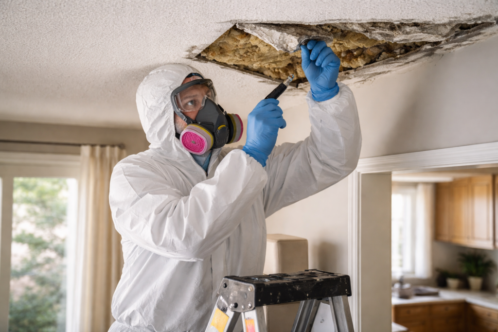 Asbestos inspection in an older Calgary home by a certified professional wearing protective gear