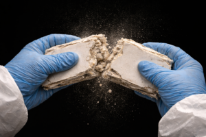 Close-up of gloved hands breaking a piece of drywall against a black background, with a small amount of dust visible in the air at the point where the material snaps.