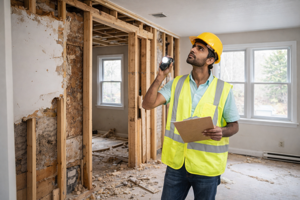Construction inspector assessing exposed wall framing during a pre-renovation hazardous material inspection in a Calgary home