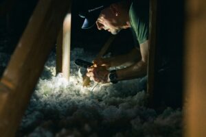 Contractor inspecting attic insulation in an older home using a flashlight