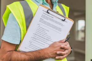 Contractor conducting a building inspection with a clipboard under Alberta asbestos regulations