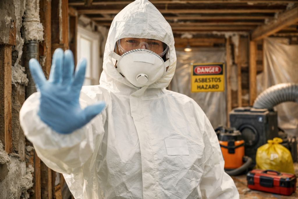 Technician in protective gear performing asbestos abatement during home renovation