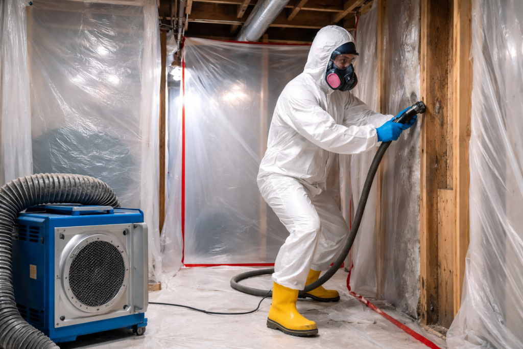 Technician Performing Asbestos Abatement in Basement