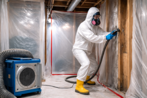 Technician Performing Asbestos Abatement in Basement