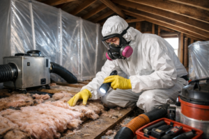 Technician Inspecting Attic Insulation for Asbestos