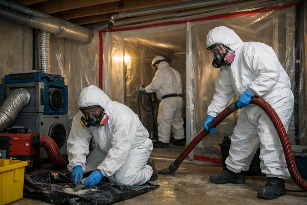 Hazardous Material Removal Team in Residential Basement