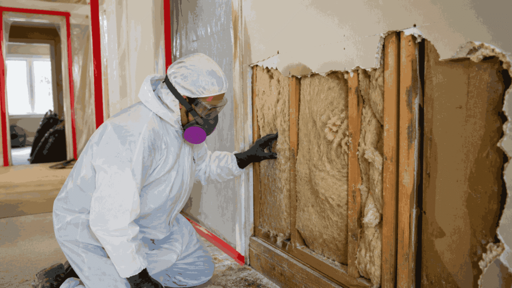 Worker in hazmat suit and respirator checking exposed insulation and wall studs in a contained indoor remediation site.
