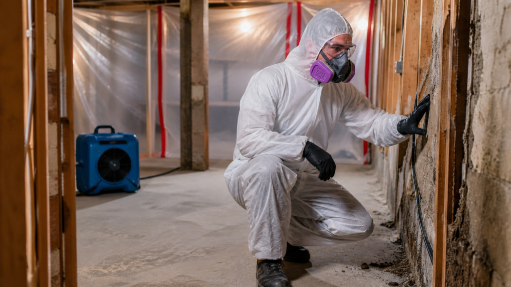 Technician wearing a hazmat suit and respirator examines a mold-damaged basement wall during remediation work, with containment barriers and drying equipment in place.