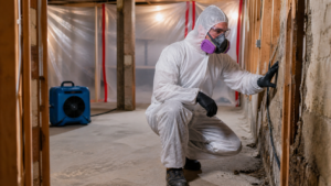 Technician wearing a hazmat suit and respirator examines a mold-damaged basement wall during remediation work, with containment barriers and drying equipment in place.